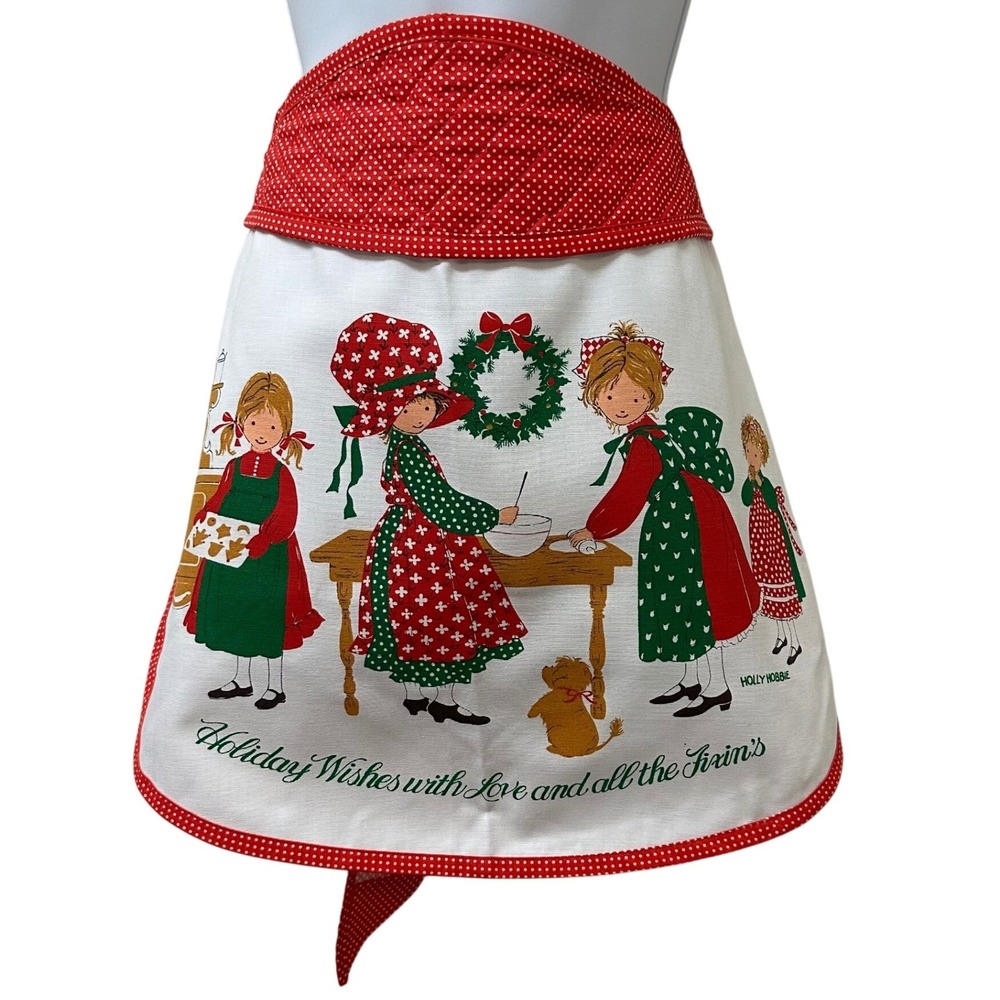 Vintage Holly Hobbie Christmas Half Apron Red Polka Dot Holiday Wishes USA Made